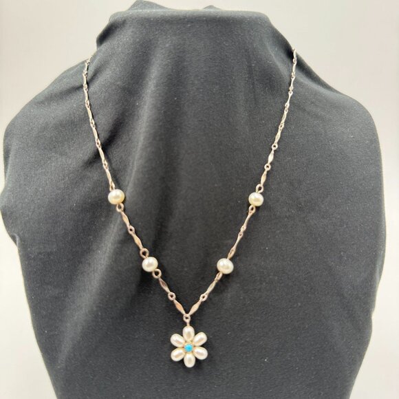Vtg 18" Freshwater Pearl Necklace Sterling 925 w/Pearl Daisy & Turquoise Pendant - Picture 15 of 16